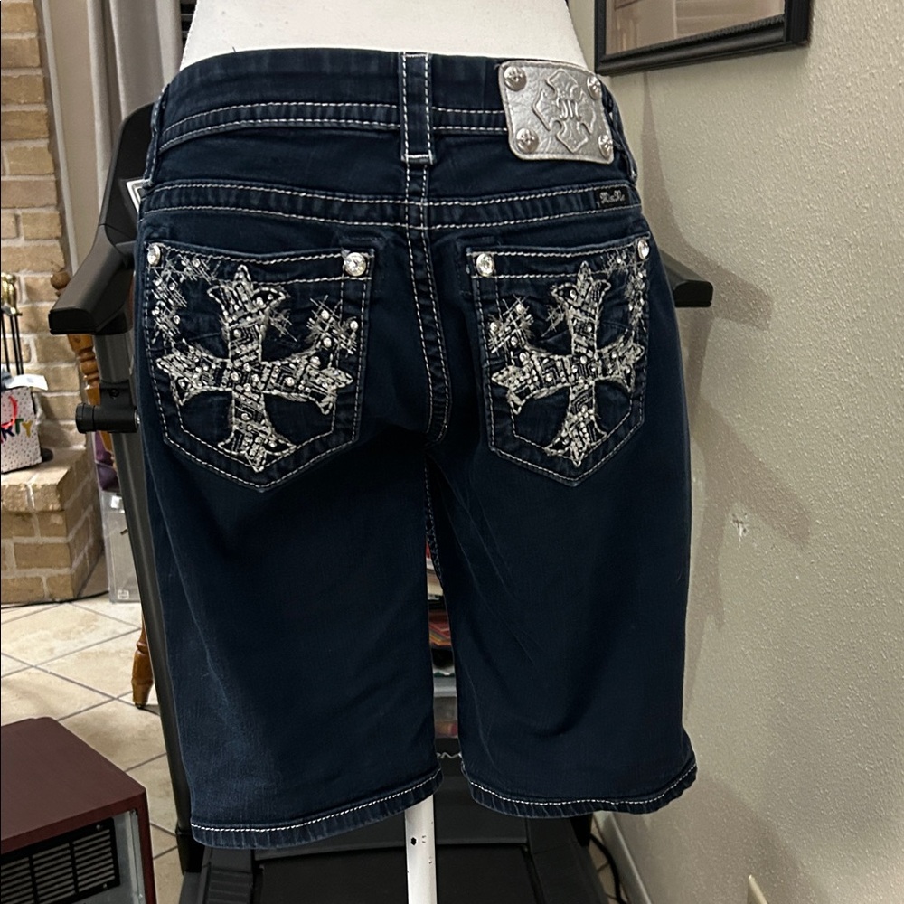 Miss Me Easy Denim Bermuda Shorts Mid Rise Rhinestone Cross Y2K - Womens size 28